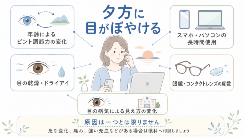 夕方に目がぼやける主な要因として、年齢によるピント調節力の変化、長時間の画面作業、ドライアイ、眼鏡やコンタクトレンズの度数、目の病気の可能性を整理した図。