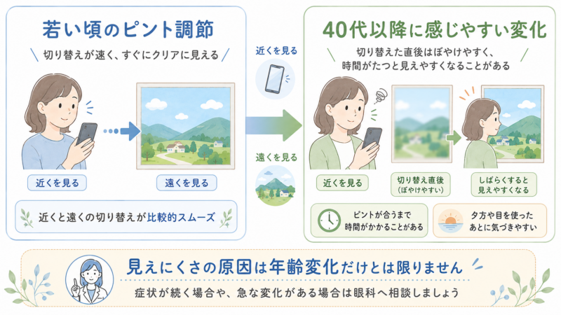若い頃と40代以降のピント調節を比較し、近くを見たあと遠くへ視線を移した際に、年齢とともにピントが合うまで時間がかかることがあると説明する図。