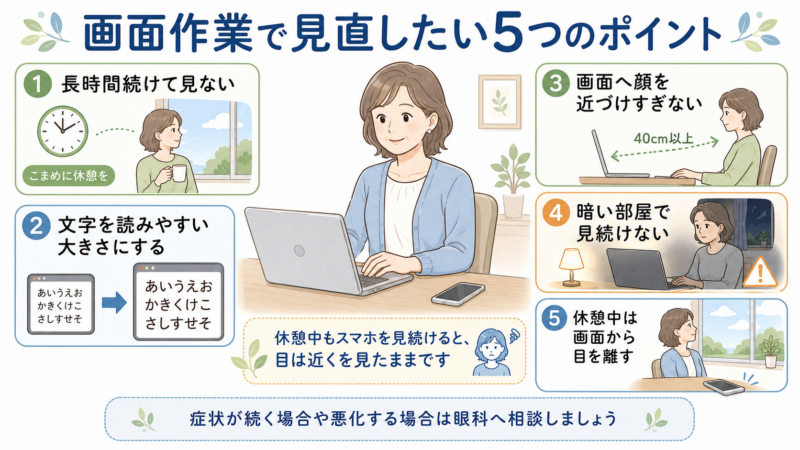 パソコンやスマートフォンを使うときに、連続使用を避ける、文字を大きくする、画面との距離を保つ、暗い部屋で見続けない、休憩中は画面から目を離すという5つのポイントを整理した図。