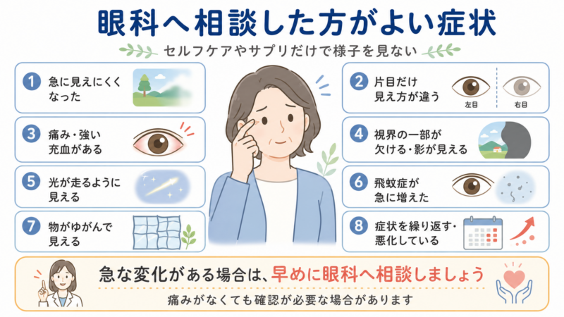 急な視力低下、片目だけの変化、痛みや強い充血、視野の欠け、光が走る、飛蚊症の急増、ゆがみ、症状の悪化など、眼科へ相談した方がよい症状を整理した図。