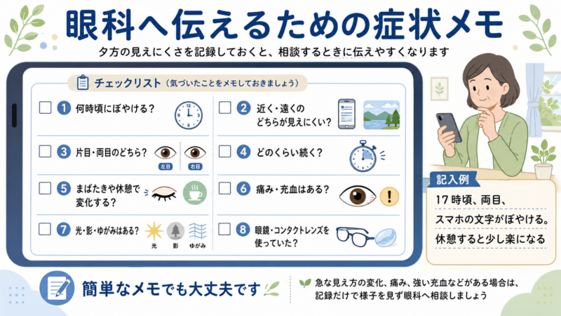 眼科へ相談するときに、症状が出る時間帯、近くと遠くのどちらが見えにくいか、片目か両目か、続く時間、休憩による変化、痛みや充血、光や影、眼鏡やコンタクトレンズの使用状況を記録するためのチェックシート。