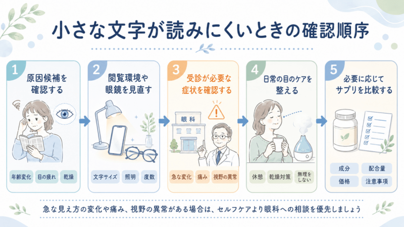 小さな文字が読みにくいときに、原因候補の確認、閲覧環境や眼鏡の見直し、受診が必要な症状の確認、日常の目のケア、サプリ比較の順で整理したフロー図。