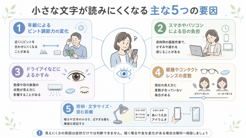 小さな文字が読みにくくなる主な要因として、年齢によるピント調節力の変化、画面作業による目の負担、ドライアイ、眼鏡やコンタクトの度数、照明や文字サイズを示した図。