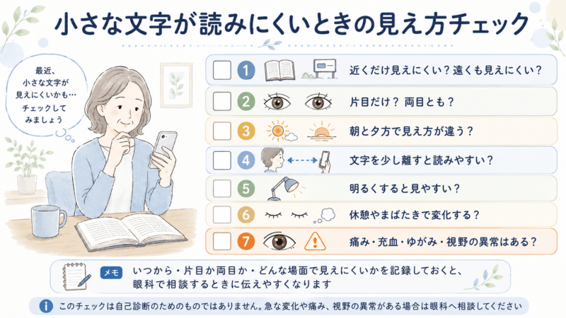 近くと遠くの見え方、片目か両目か、朝夕の違い、文字を離したときの変化、明るさ、休憩やまばたき、痛みや充血の有無を確認するチェックリスト。