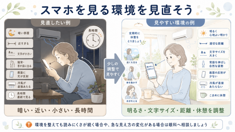 暗い部屋で画面を近づけて長時間スマホを見る例と、文字を大きくして明るさや距離を調整し、途中で休憩する例を比較したイラスト。