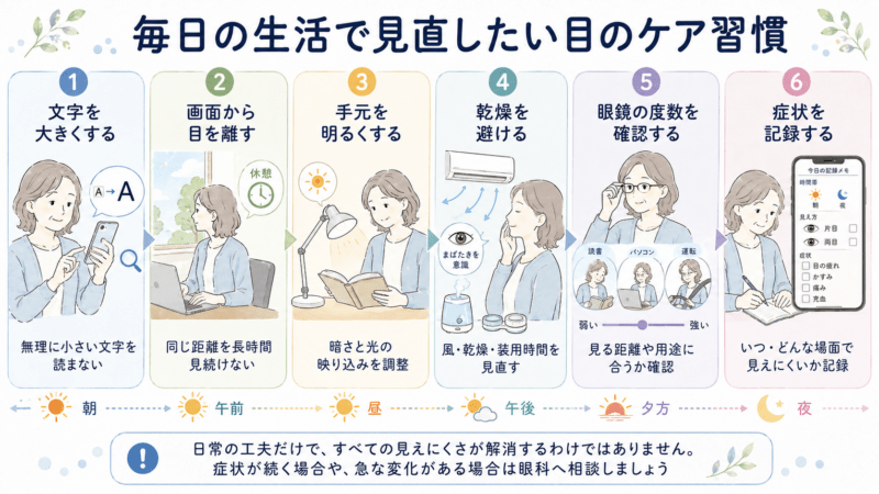 文字を大きくする、画面から目を離す、手元を明るくする、乾燥を避ける、眼鏡の度数を確認する、症状を記録するという6つの目のケア習慣。