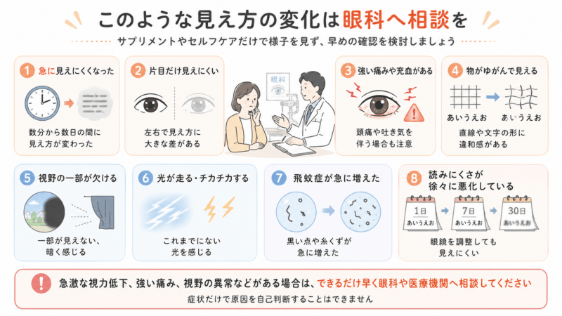 急な見えにくさ、片目だけの変化、強い痛みや充血、物のゆがみ、視野の欠け、光が走る、飛蚊症の急な増加、徐々な悪化など、眼科相談を優先したい症状。