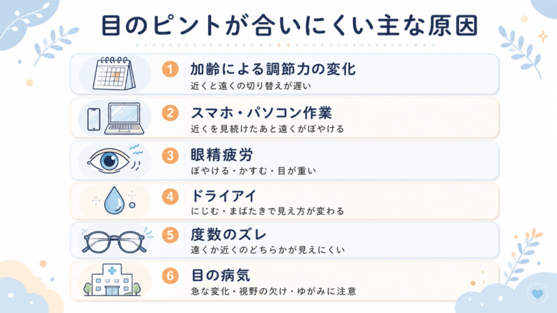 目のピントが合いにくい主な原因として、加齢による調節力の変化、スマホ・パソコン作業、眼精疲労、ドライアイ、度数のズレ、目の病気の可能性を整理した表