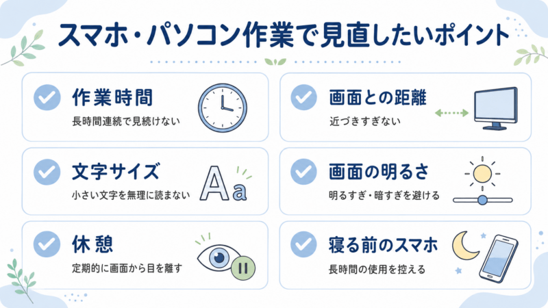 スマホ・パソコン作業で目のピントが合いにくいと感じるときに、作業時間、画面との距離、文字サイズ、画面の明るさ、休憩、寝る前のスマホを見直すポイントをまとめた表