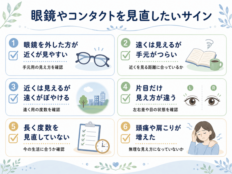 眼鏡やコンタクトを見直したいサインとして、眼鏡を外した方が近くが見やすい、遠くは見えるが手元がつらい、片目だけ違う、長く度数を見直していないなどを整理した表