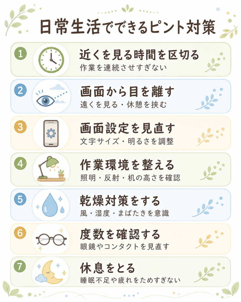 日常生活でできるピント対策として、近くを見る時間を区切る、画面から目を離す、画面設定を見直す、作業環境を整える、乾燥対策、度数確認、休息をまとめた表