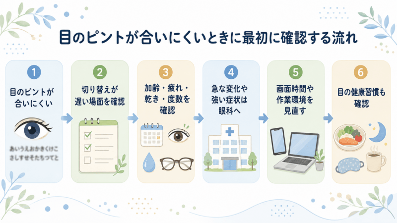 目のピントが合いにくいときに、切り替えが遅い場面、加齢・疲れ・乾き・度数、急な変化や強い症状の有無、画面時間や作業環境、目の健康習慣を順番に確認する流れを示した図