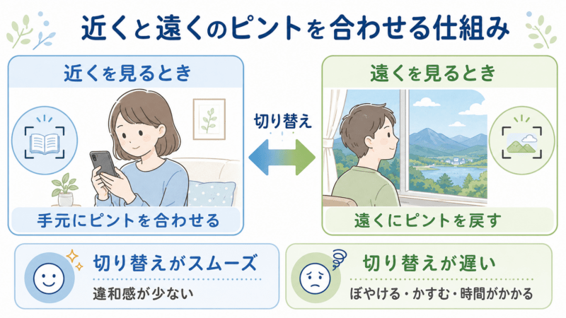 近くを見るときは手元にピントを合わせ、遠くを見るときは遠くにピントを戻す仕組みと、切り替えが遅いとぼやける・かすむ・時間がかかることを説明した図