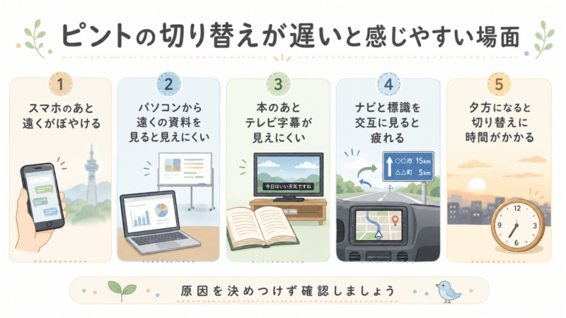 スマホのあと遠くがぼやける、パソコンから遠くの資料を見ると見えにくい、本のあとテレビ字幕が見えにくいなど、ピントの切り替えが遅いと感じやすい場面をまとめた図