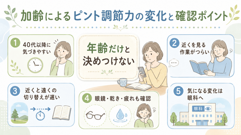 加齢によるピント調節力の変化について、40代以降に気づきやすいこと、近くを見る作業のつらさ、近くと遠くの切り替えの遅さ、眼鏡・乾き・疲れも確認することを整理した図