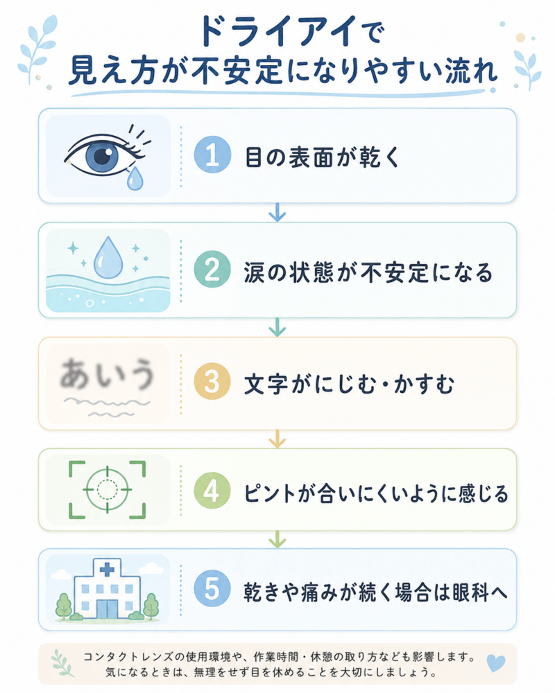 ドライアイで目の表面が乾き、涙の状態が不安定になることで、文字がにじむ・かすむ、ピントが合いにくいように感じる流れと、乾きや痛みが続く場合は眼科へ相談することを示した図