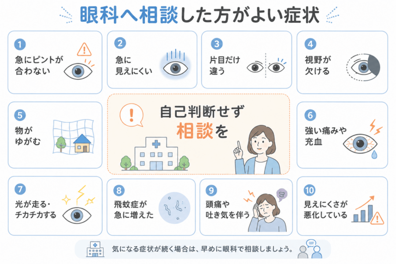 急にピントが合わない、急に見えにくい、片目だけ違う、視野が欠ける、物がゆがむ、強い痛みや充血、光が走る、飛蚊症が急に増えたなど、眼科へ相談した方がよい症状を整理した図