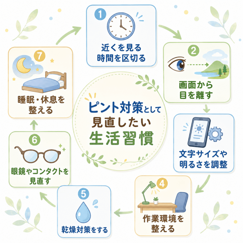 ピント対策として見直したい生活習慣として、近くを見る時間、画面からの休憩、文字サイズや明るさ、作業環境、乾燥対策、眼鏡やコンタクト、睡眠・休息を整理した図