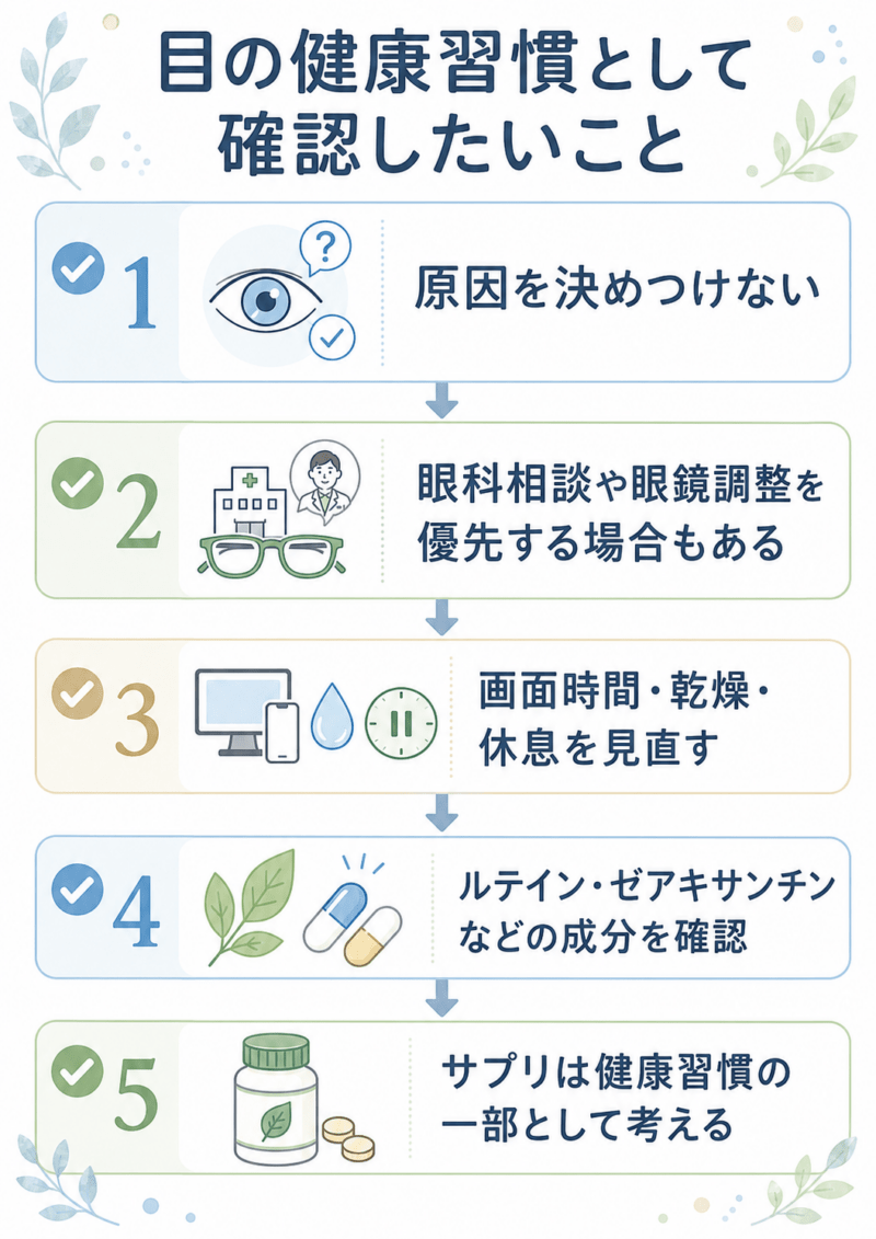 目の健康習慣として、原因を決めつけず、眼科相談や眼鏡調整、画面時間・乾燥・休息の見直し、ルテイン・ゼアキサンチンなどの成分確認、サプリの位置づけを整理した図