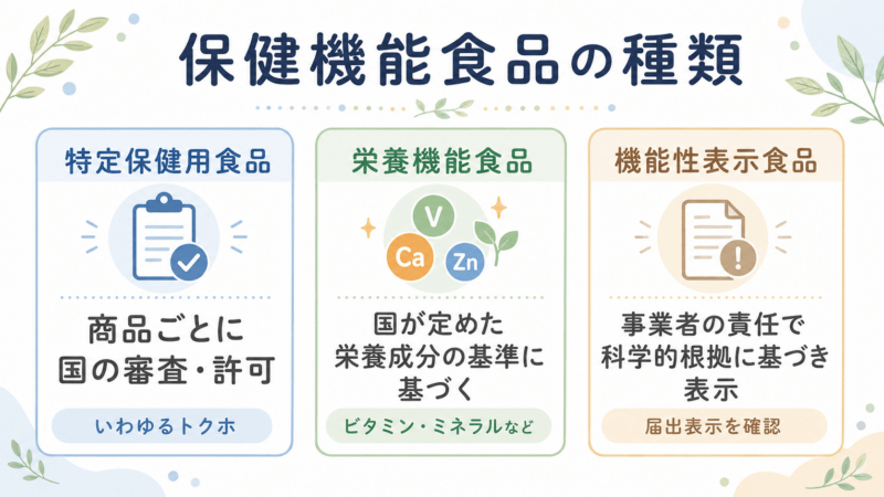 保健機能食品の種類として、特定保健用食品、栄養機能食品、機能性表示食品の概要と、目のサプリ選びで確認したいポイントを比較した表