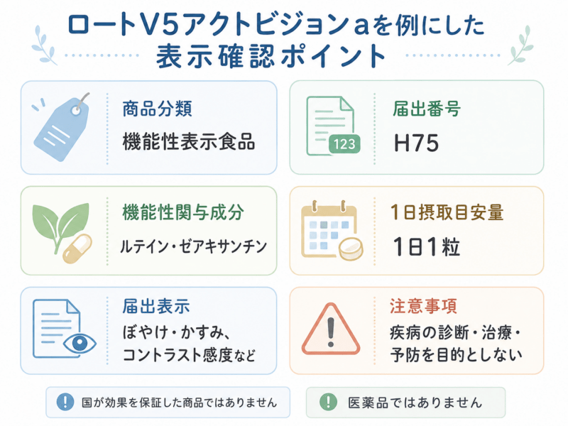 ロートV5アクトビジョンaを例に、商品分類、届出番号、機能性関与成分、1日摂取目安量、届出表示、注意事項を確認するポイントを整理した表