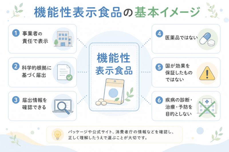 機能性表示食品について、事業者の責任で表示されること、科学的根拠に基づく届出があること、届出情報を確認できること、医薬品ではなく国が効果を保証したものではないことを整理した図