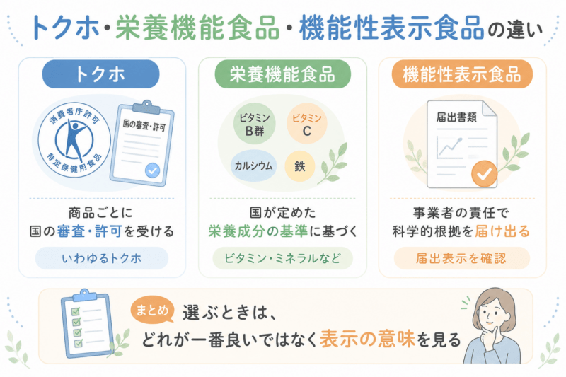 トクホ、栄養機能食品、機能性表示食品の違いについて、国の審査・許可、栄養成分の基準、事業者責任の届出という制度の違いを整理した図