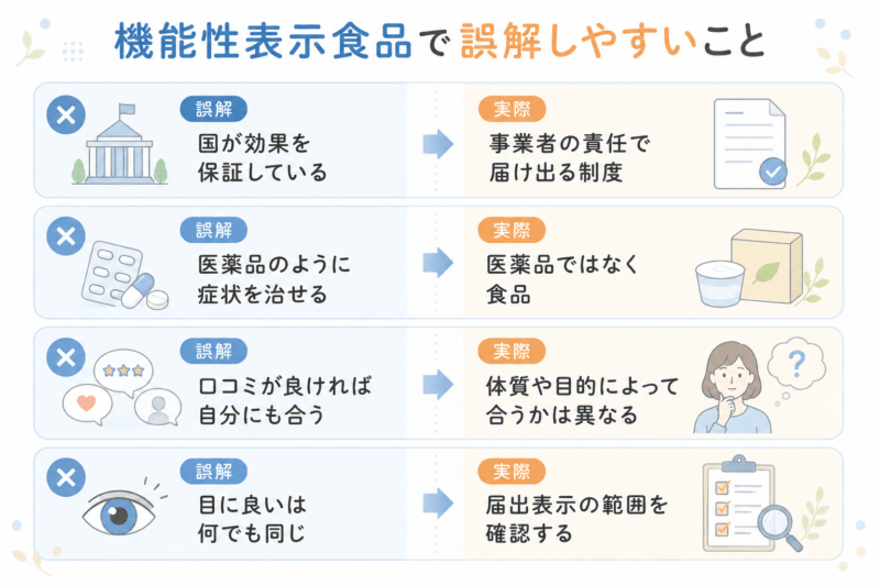 機能性表示食品で誤解しやすい内容として、国が効果を保証している、医薬品のように症状を治せる、口コミが良ければ自分にも合う、目に良い表示は何でも同じという誤解と実際の違いを示した図