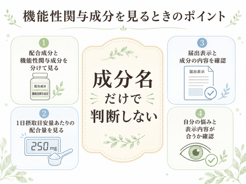 機能性関与成分を見るときに、配合成分と機能性関与成分を分けて見ること、1日摂取目安量あたりの配合量、届出表示との関係、自分の悩みとの一致を確認するポイントをまとめた図