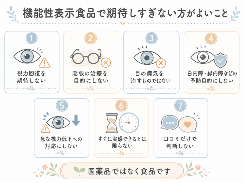 機能性表示食品で期待しすぎない方がよいこととして、視力回復、老眼の治療、目の病気の治療や予防、急な視力低下への対応、すぐの実感、口コミだけでの判断を避けることを整理した図