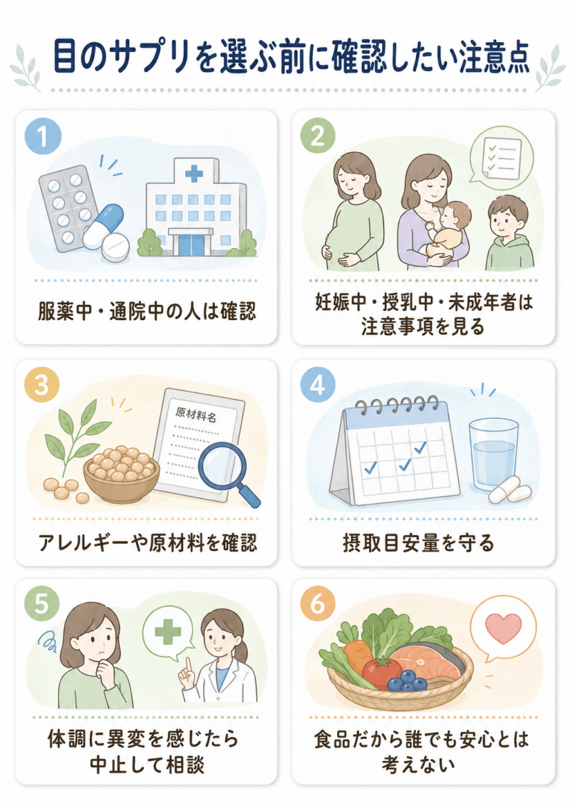 目のサプリを選ぶ前に、服薬中・通院中、妊娠中・授乳中・未成年者、アレルギーや原材料、摂取目安量、体調変化時の対応を確認する注意点をまとめた図