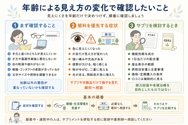 見えにくさについて、まず加齢以外の要因や眼鏡、生活環境を確認し、急な変化や痛み、視野異常があれば眼科を優先し、そのうえでサプリの成分、届出表示、注意事項、価格を確認する流れを3つの項目に整理したまとめ図。