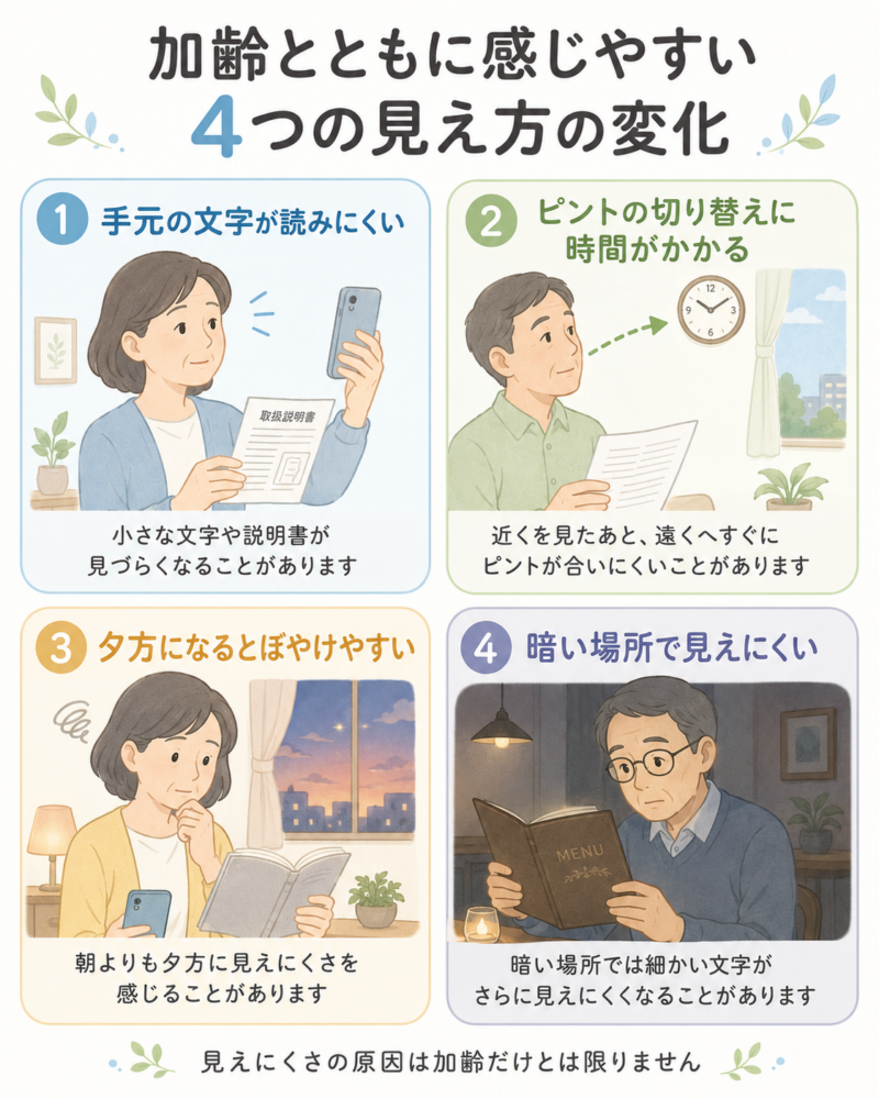 加齢とともに感じやすい、手元の文字の読みにくさ、ピント切り替えの遅れ、夕方のぼやけ、暗い場所での見えにくさを4つの場面で示したイラスト。