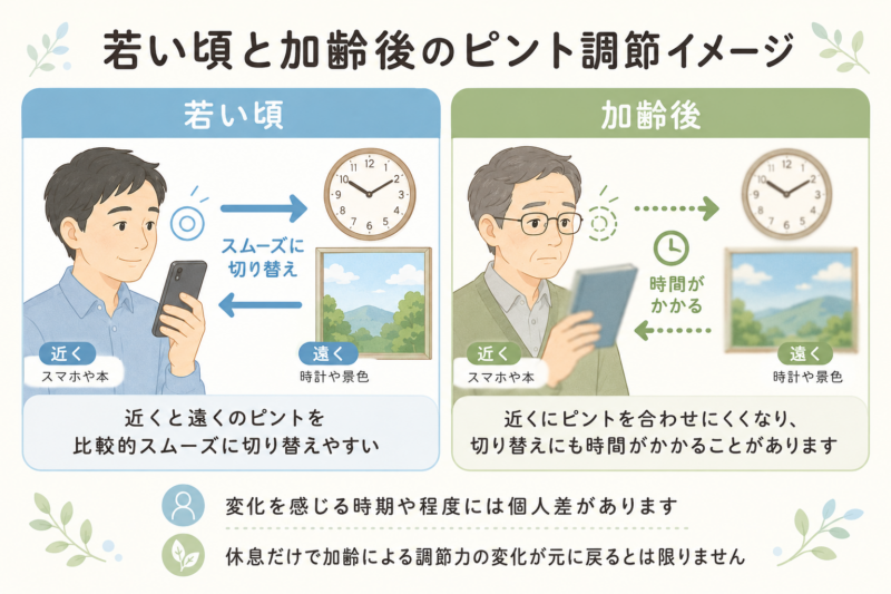若い頃は近くと遠くのピントを比較的スムーズに切り替えやすく、加齢後は近くにピントを合わせにくくなり、切り替えにも時間がかかることを左右で比較した図。