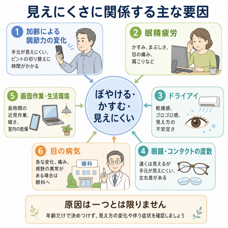 ぼやける、かすむ、見えにくいといった症状に、加齢による調節力の変化、眼精疲労、ドライアイ、眼鏡の度数、画面作業や生活環境、目の病気が関係する可能性を示した整理図。