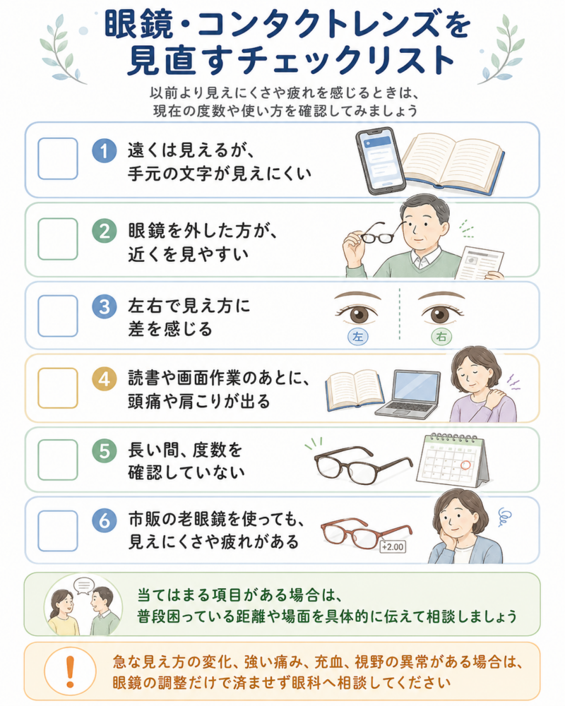 手元だけが見えにくい、眼鏡を外すと近くが見やすい、左右差がある、読書後に頭痛や肩こりが出る、長期間度数を確認していない、市販の老眼鏡で疲れる場合などを確認するチェックリスト。