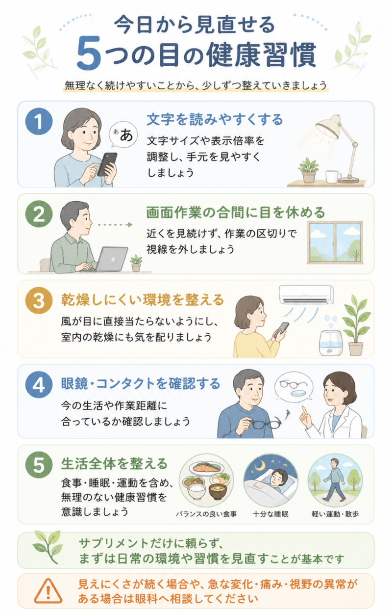文字サイズや手元の明るさを調整する、画面作業の合間に休む、乾燥しにくい環境を整える、眼鏡やコンタクトを確認する、食事・睡眠・運動を含め生活全体を整える5つの習慣を示した図。