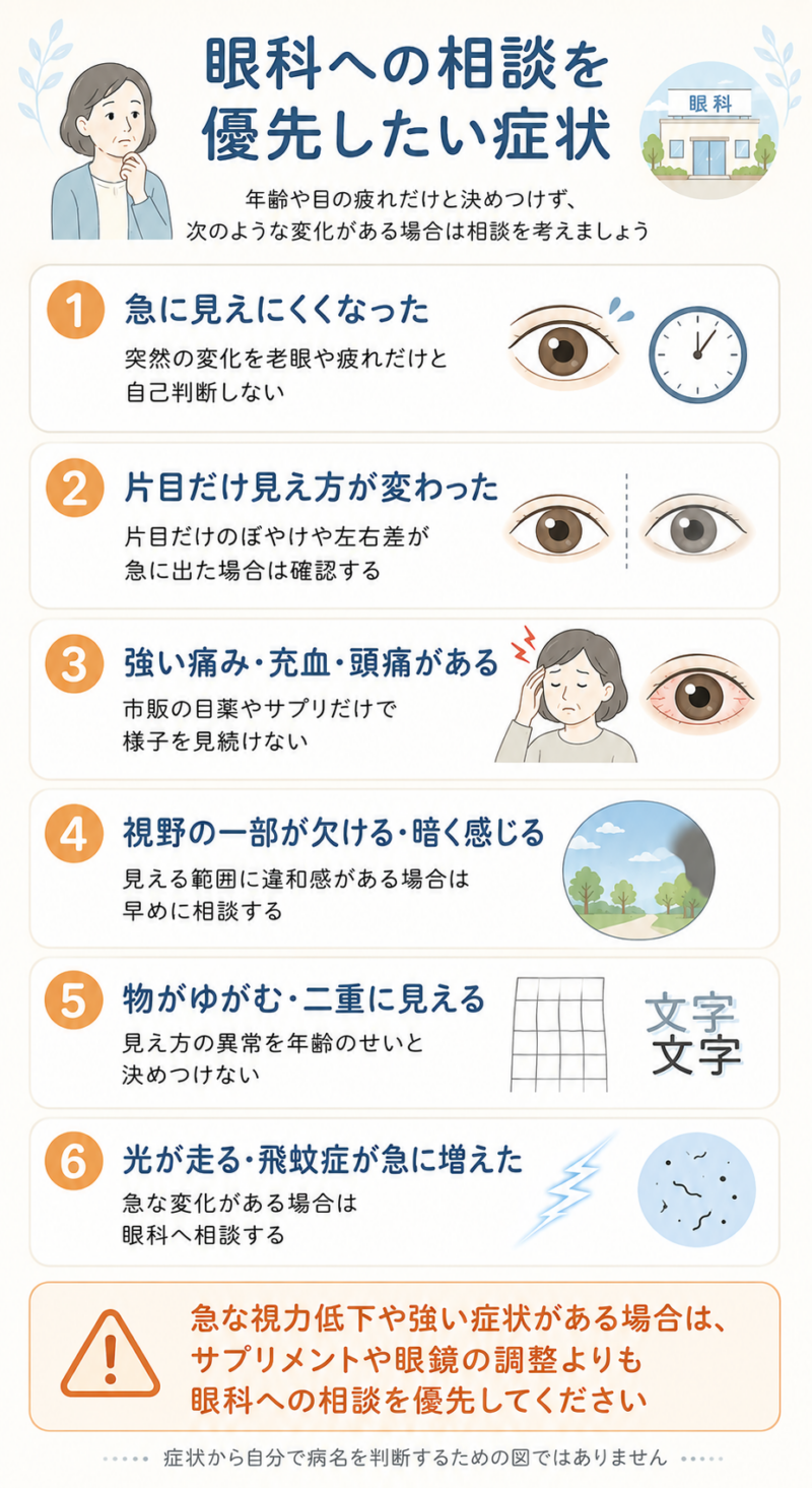急な見えにくさ、片目だけの変化、強い痛みや充血、視野の欠け、物のゆがみや二重見、光が走る、飛蚊症が急に増えるなど、眼科相談を優先したい症状をまとめた注意喚起図。