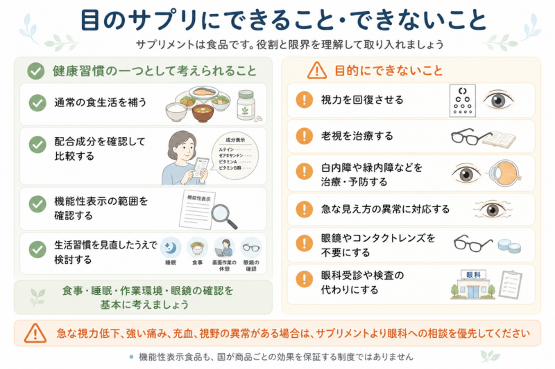 目のサプリは食生活を補い、成分や機能性表示を確認して健康習慣の一つとして検討できる一方、視力回復、老視や目の病気の治療・予防、急な異常への対応、眼鏡や受診の代用はできないことを比較した図。