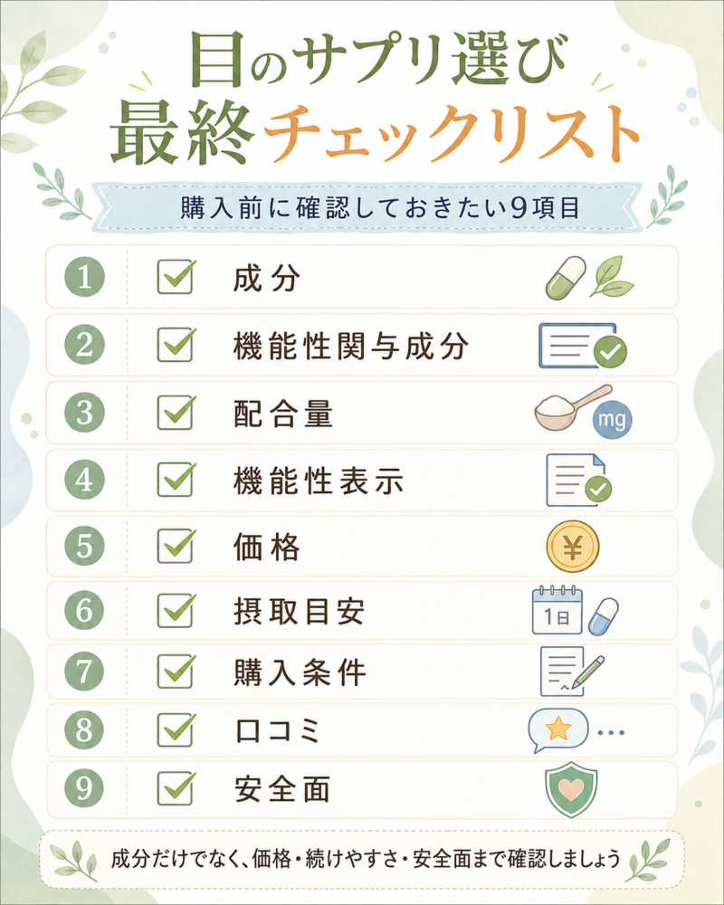 目のサプリを購入する前に確認したい成分、機能性関与成分、配合量、機能性表示、価格、摂取目安、購入条件、口コミ、安全面の最終チェックリスト