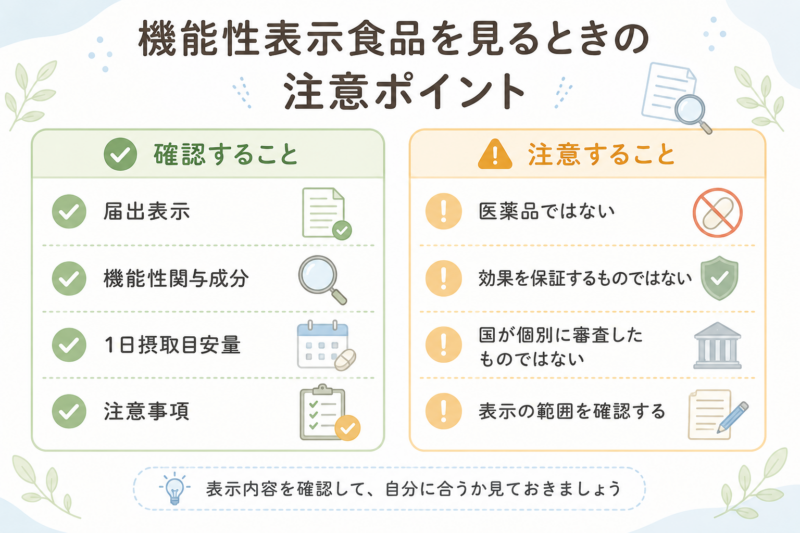機能性表示食品を選ぶときに確認したい届出表示、機能性関与成分、摂取目安量、注意事項と、医薬品ではない点などの注意点を整理した図解