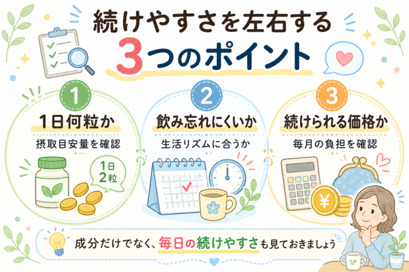 目のサプリの続けやすさを判断するために、1日何粒か、飲み忘れにくいか、無理なく続けられる価格かを確認する図解