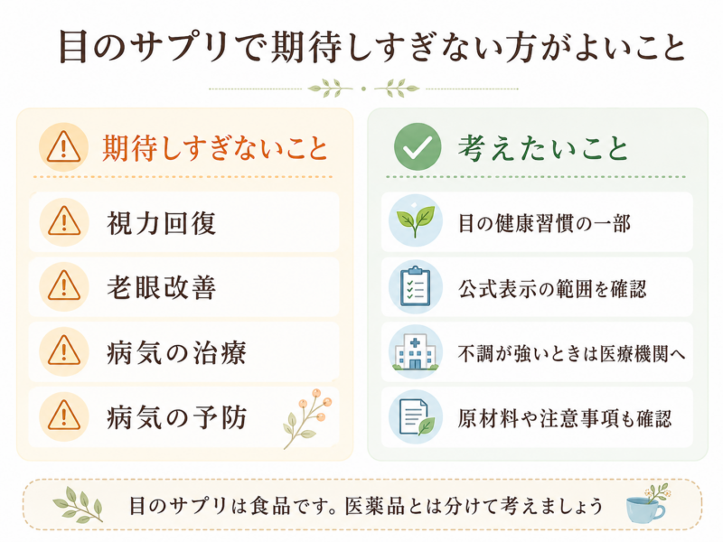 目のサプリで視力回復や老眼改善、病気の治療・予防を期待しすぎず、目の健康習慣の一部として考えることを示した注意喚起の図解
