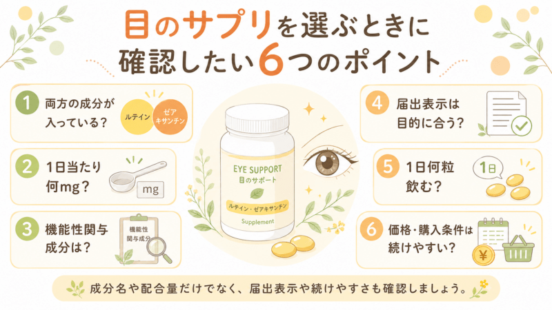 目のサプリを選ぶときに確認したい、ルテインとゼアキサンチンの配合、1日当たりの配合量、機能性関与成分、届出表示、摂取粒数、価格と購入条件の6項目をまとめたチェック図。