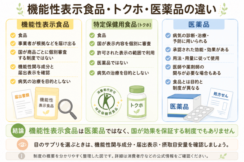 機能性表示食品、特定保健用食品(トクホ)、医薬品を3列で比較し、機能性表示食品は事業者が根拠を届け出る食品、トクホは国が表示内容を個別審査する食品、医薬品は病気の診断・治療・予防に用いられるものと整理した図。