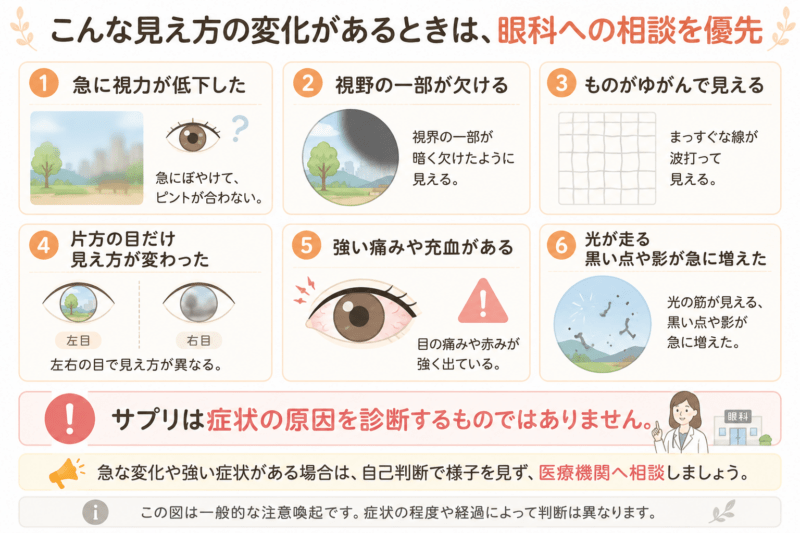 急な視力低下、視野の欠け、もののゆがみ、片目だけの見え方の変化、強い痛みや充血、光や黒い点の増加など、眼科への相談を優先したい見え方の変化をまとめた注意図。