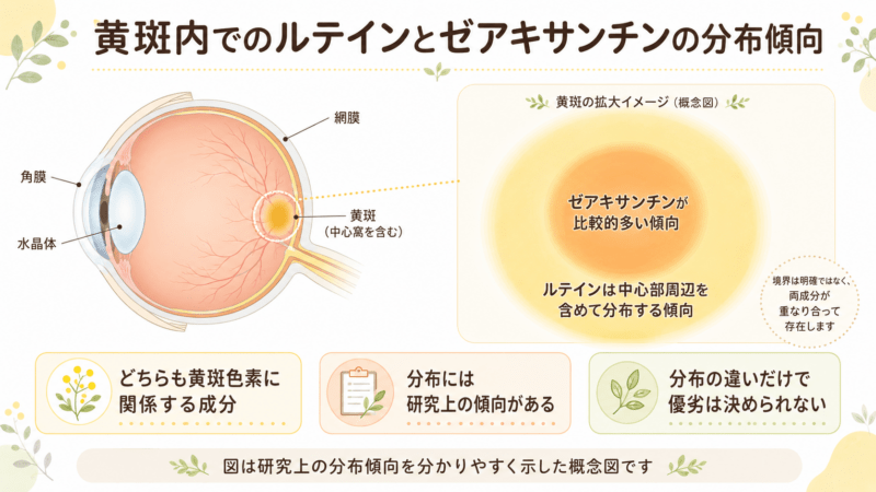 目の断面と黄斑部の拡大図を使い、ゼアキサンチンは黄斑の中心部で比較的多く、ルテインは中心部周辺を含めて分布する傾向を示した概念図。分布の違いだけで成分の優劣は決められないことも記載している。