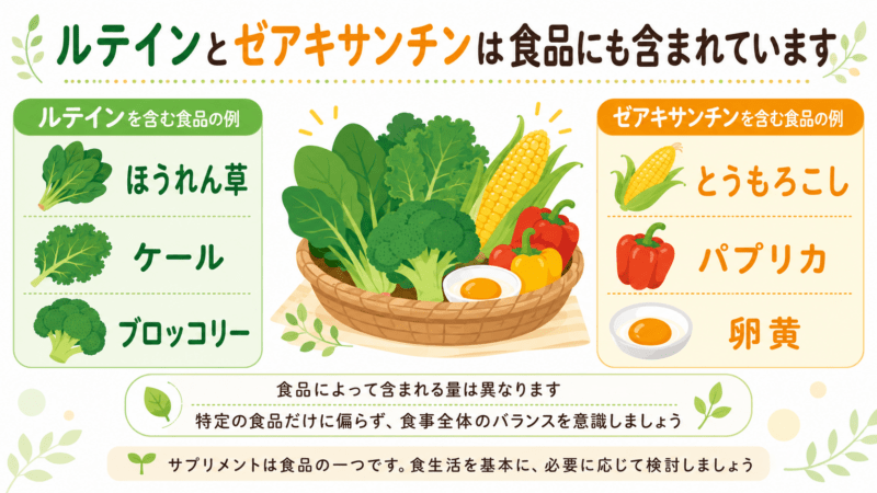 ほうれん草、ケール、ブロッコリー、とうもろこし、パプリカ、卵黄など、ルテインとゼアキサンチンを含む食品の例を、緑色の野菜と黄色・オレンジ色の食品に分けて紹介した図。食事全体のバランスを意識することも記載している。