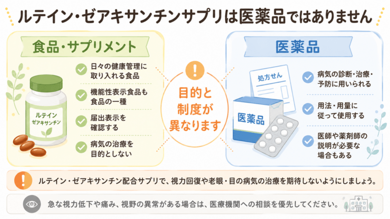 ルテイン・ゼアキサンチン配合サプリは食品であり、病気の診断・治療・予防に用いる医薬品とは目的と制度が異なることを、左右比較で示した注意喚起図。