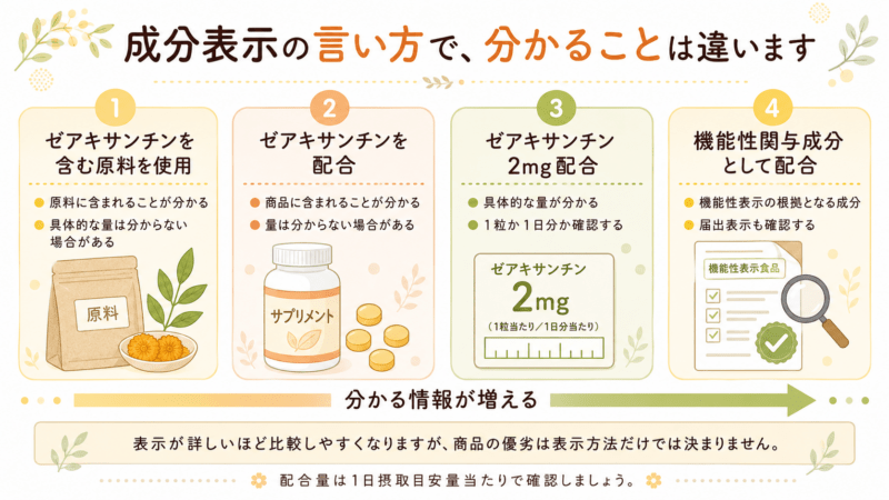 サプリの成分表示に使われる「原料を使用」「配合」「2mg配合」「機能性関与成分として配合」の4表現を横並びで比較し、それぞれから分かる情報の違いを整理した図。